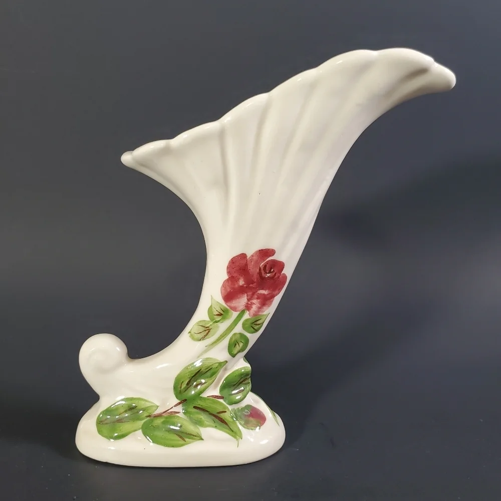 Hand Painted Cornucopia Vase Mid Century Horn of Plenty Decor Vintage MCM